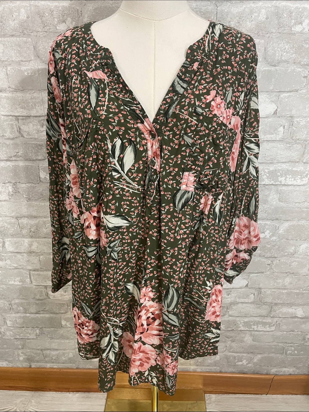 Torrid Olive Harper Floral Henley Top with Pink Blooms